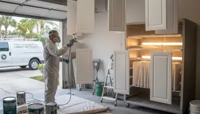 Professional cabinet painting in Fort Lauderdale FL with smooth spray finish for kitchen refinishing