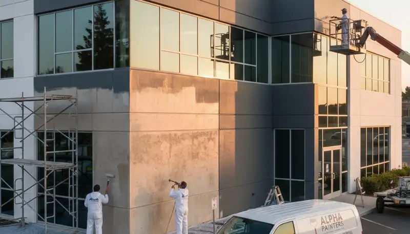Professional commercial painters in Fort Lauderdale FL applying durable exterior coatings to a business building
