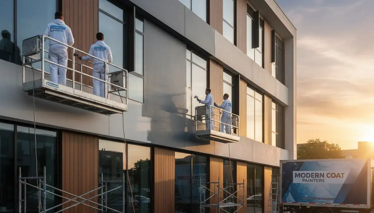 Professional commercial painters coating exterior building in Fort Lauderdale FL for weather-resistant finish