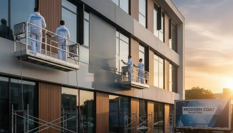 Professional commercial painters coating exterior building in Fort Lauderdale FL for weather-resistant finish