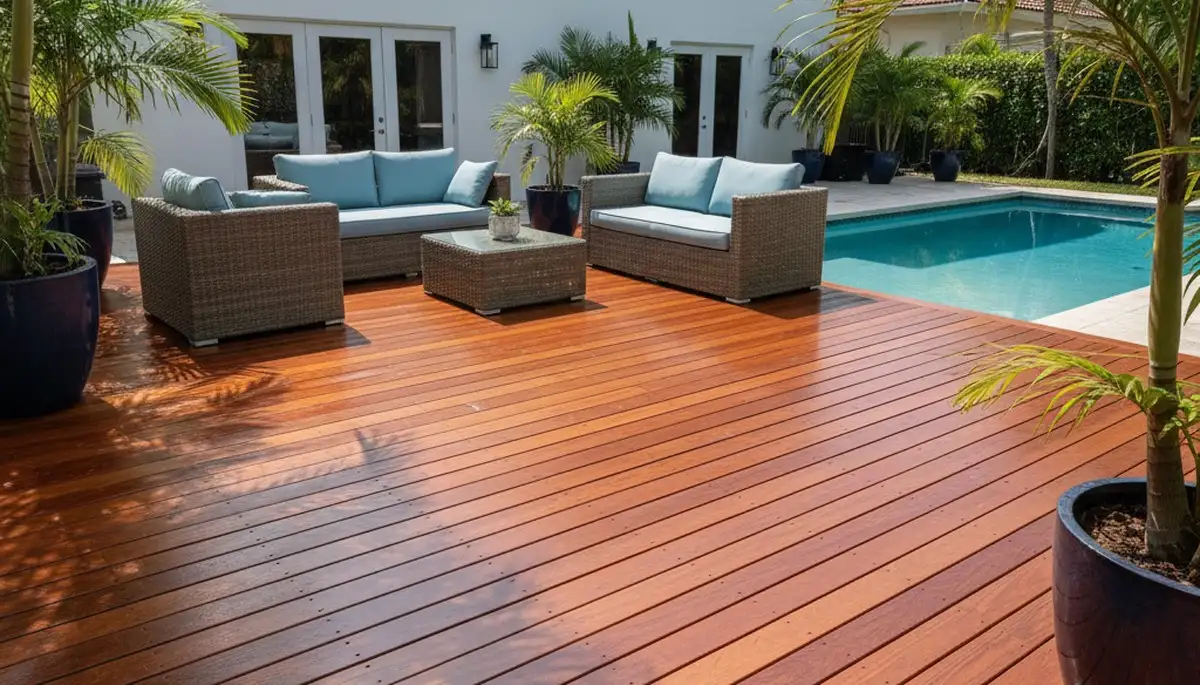 Finished deck staining by Fort Lauderdale painters showcasing restored wood and weather-resistant finish