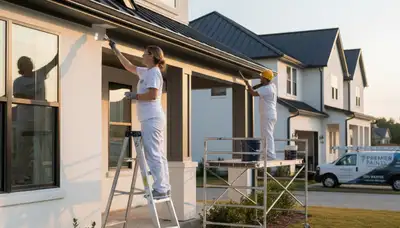 Painter applying exterior trim and fascia paint on coastal home in Fort Lauderdale, FL