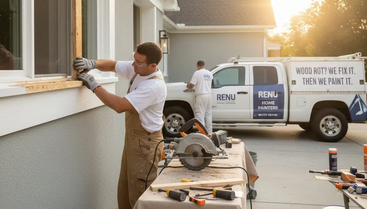 Professional wood rot repair on home exterior by Fort Lauderdale FL painters restoring damaged wood trim